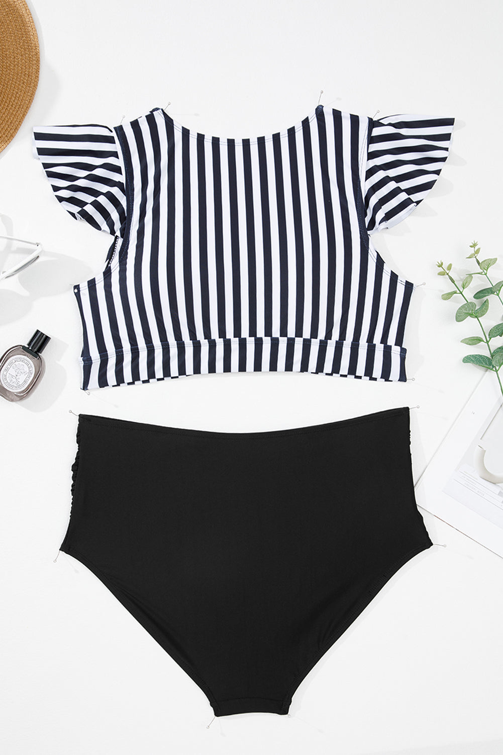 Black Stripe Plus Size Knot Cutout Ruffle Sleeve and High Waist Swimsuit Set