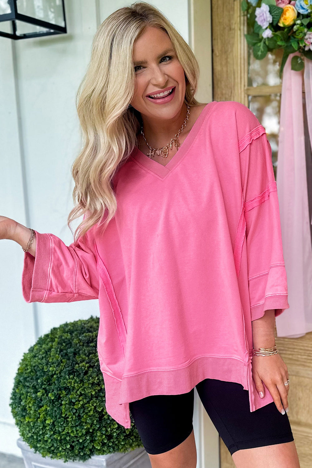 Pink Exposed Seam V Neck T-Shirt