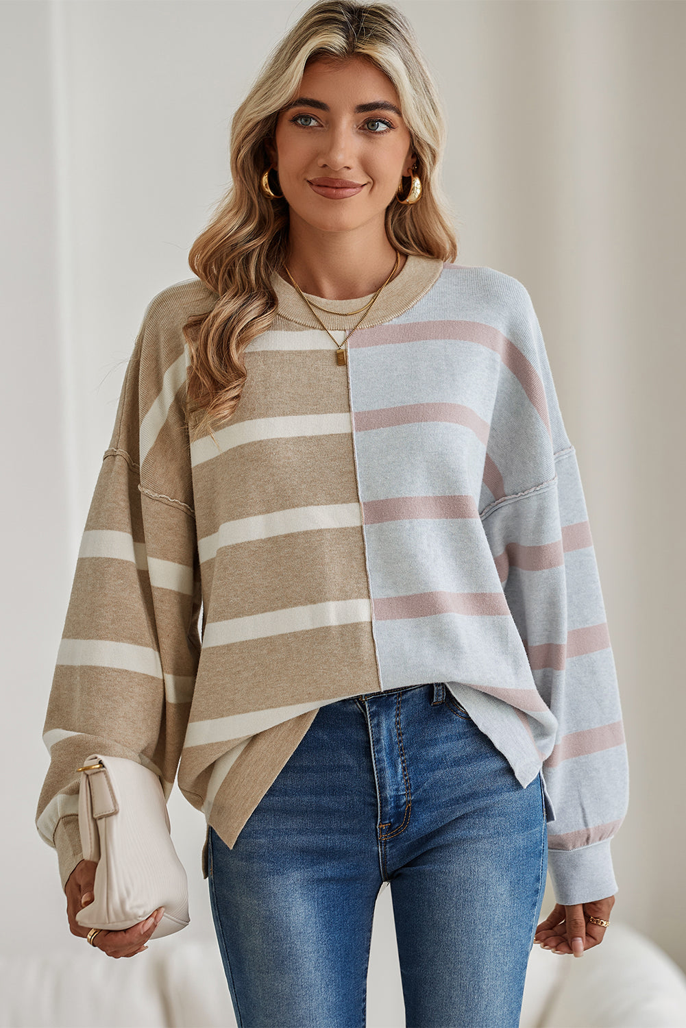 Khaki Stripe Exposed Seam Loose Sweatshirts