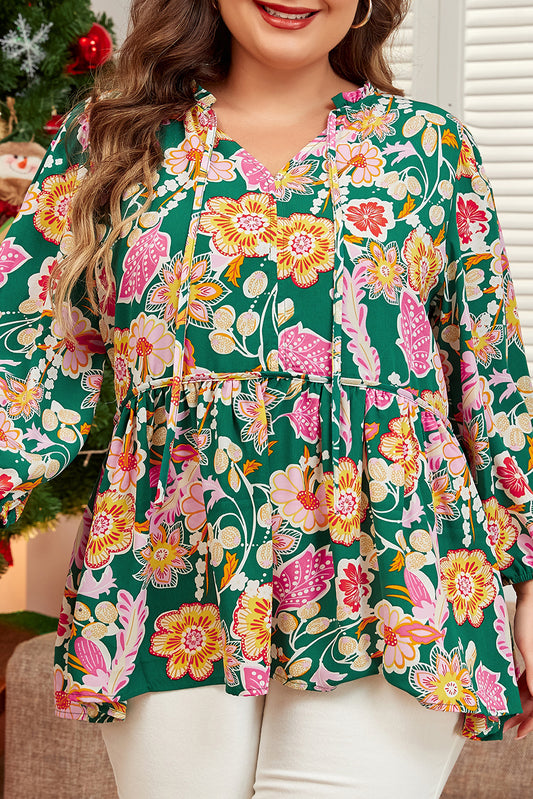 Green Floral Print V Neck Plus Size Babydoll Top