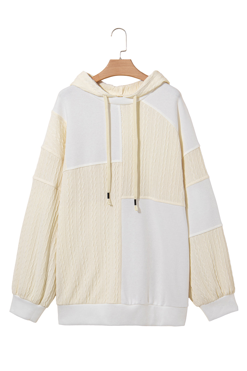 Beige Waffle Textured Patchwork Exposed Seam Plus Size Hoodie