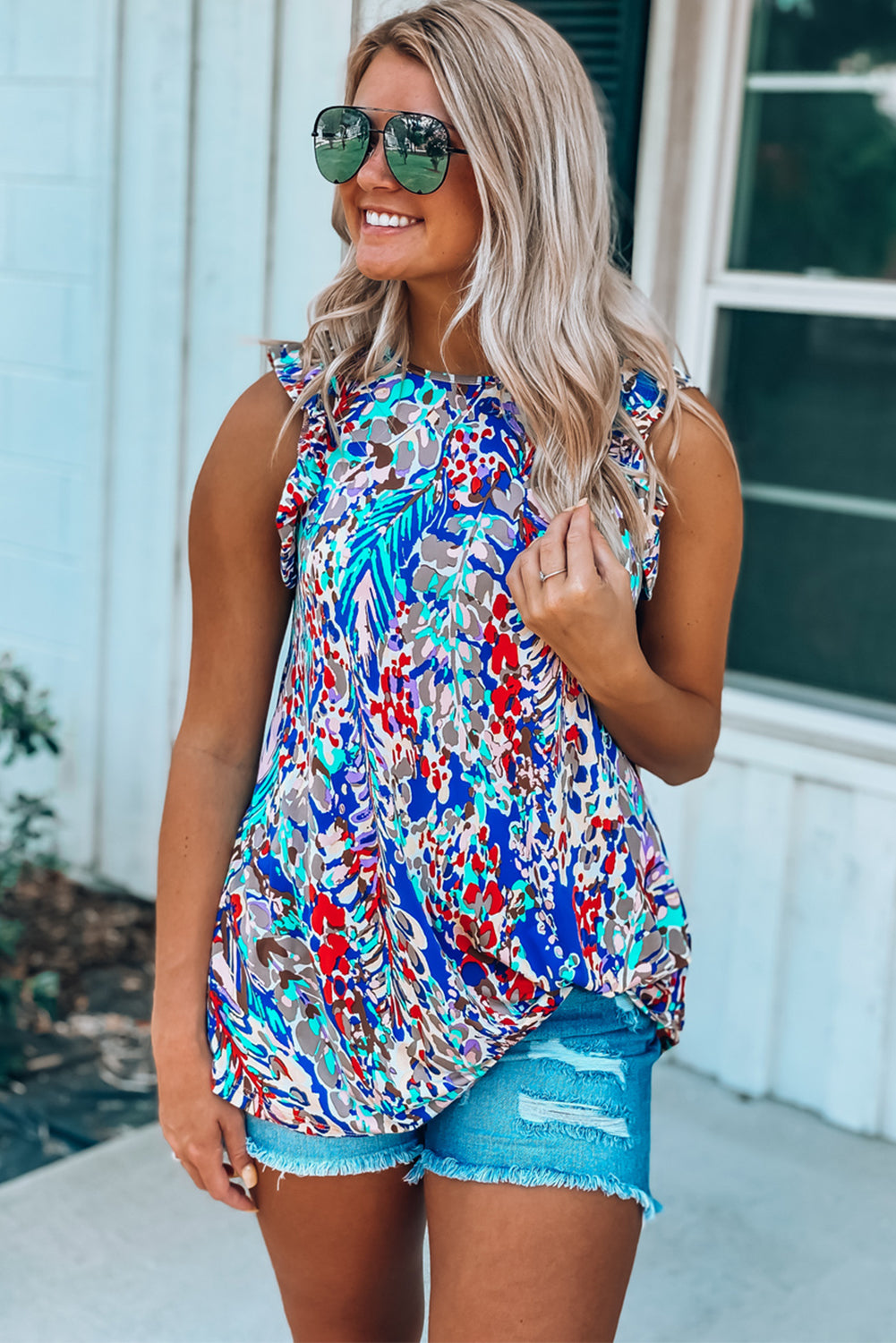 Boho Abstract Print Ruffle Babydoll Sleeveless Shirt