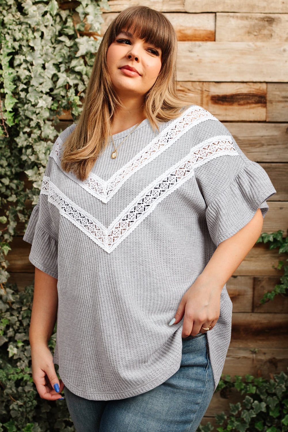 Light Grey Lace Patchwork Ruffle Sleeve Waffle Plus Size Top