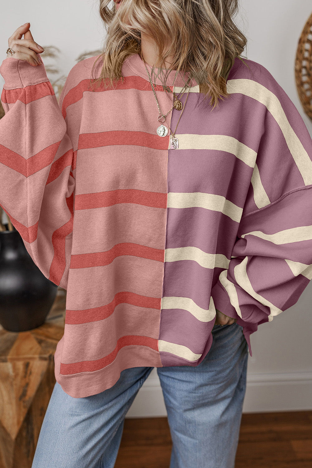 Khaki Stripe Exposed Seam Loose Sweatshirts