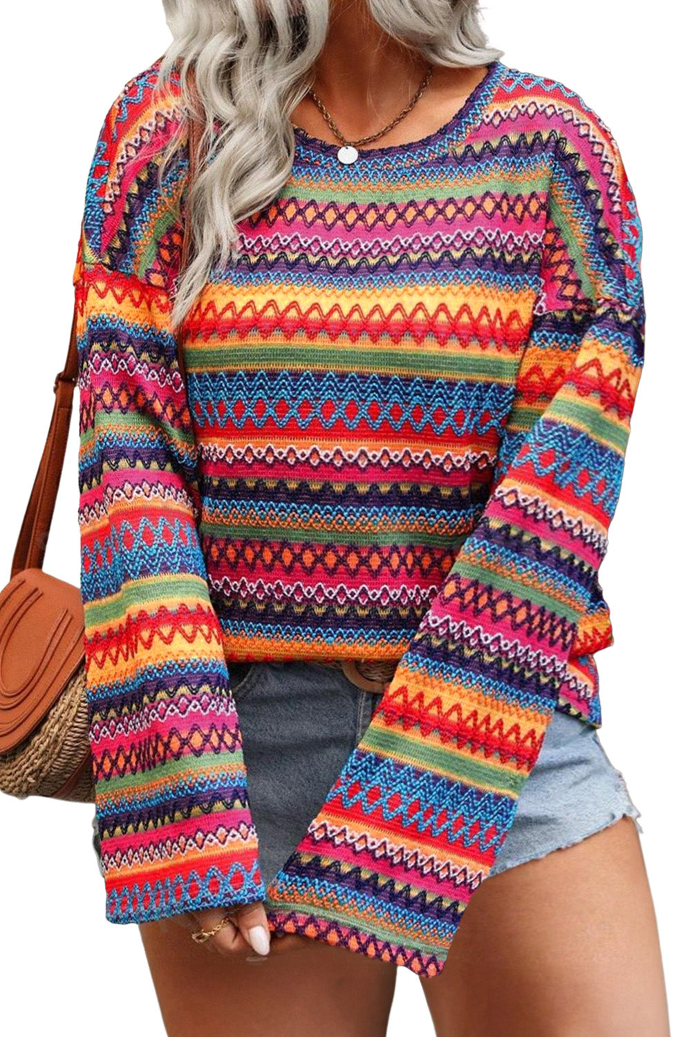 Multicolor Striped Print Long Sleeve Plus Size Knit Top