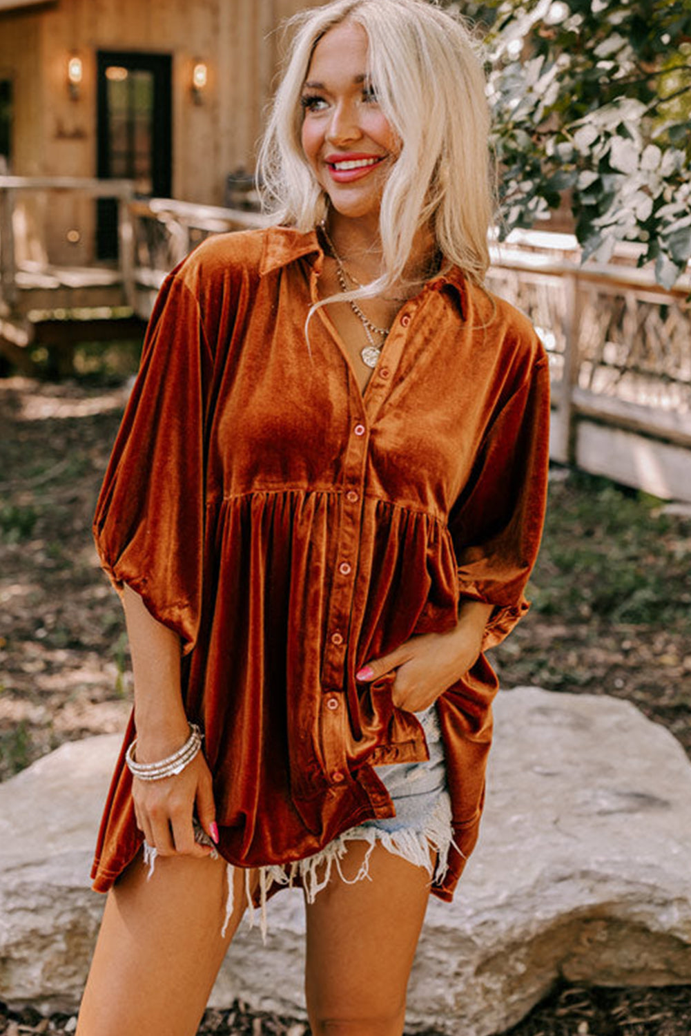 Khaki Lantern Sleeve Tunic Babydoll Velvet Shirt