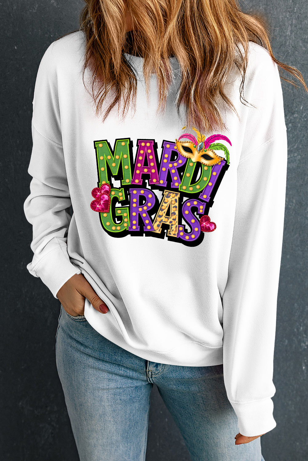 White MARDI GRAS Graphic Heat Transfer Pullover Sweatshirt