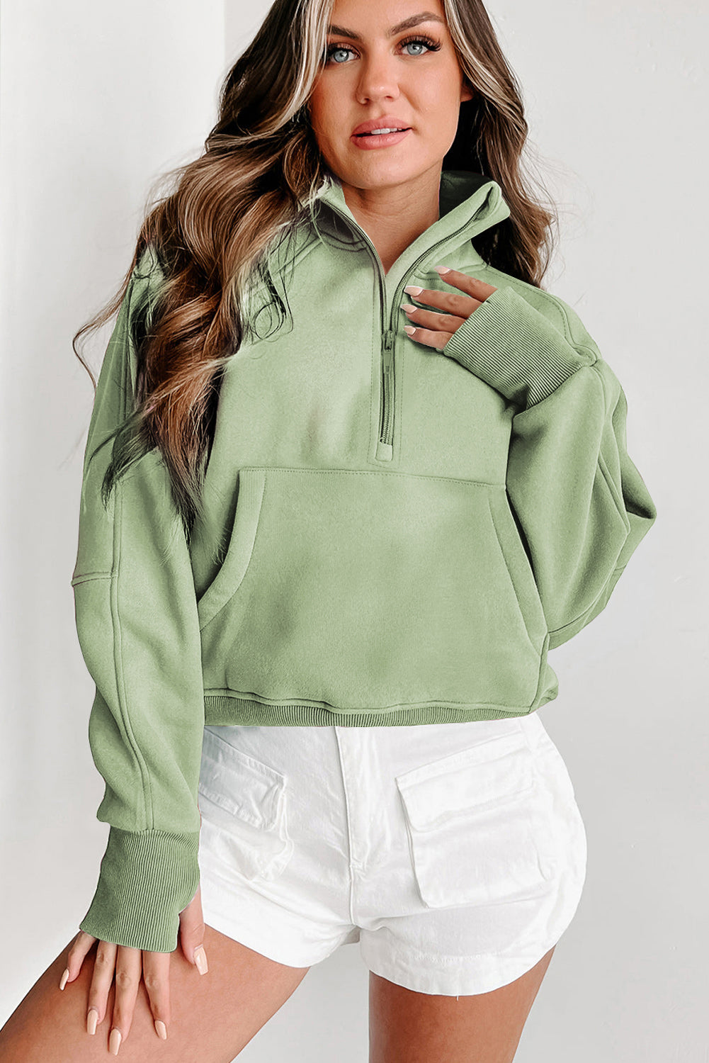 Green Zip Up Stand Collar Ribbed Thumbhole Sleeve Sweatshirt