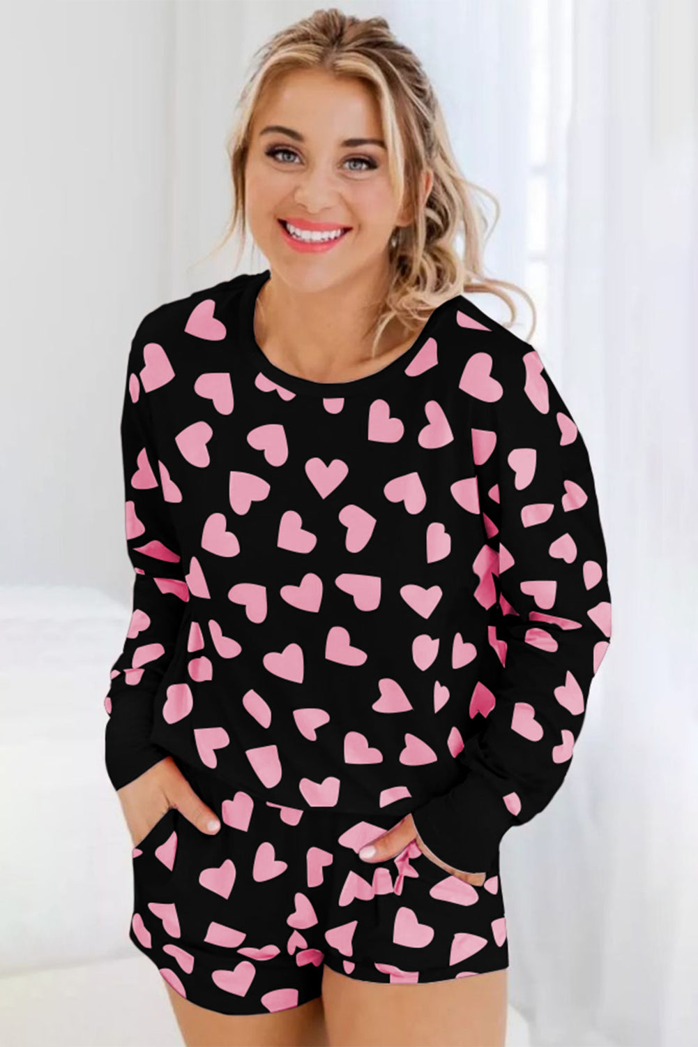 Pink Heart Print Long Sleeve Top and Shorts Loungewear Set