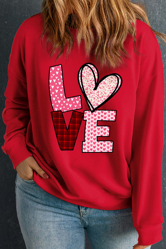 Racing Red Sweet LOVE Letter Graphic Valentines Crewneck Sweatshirt