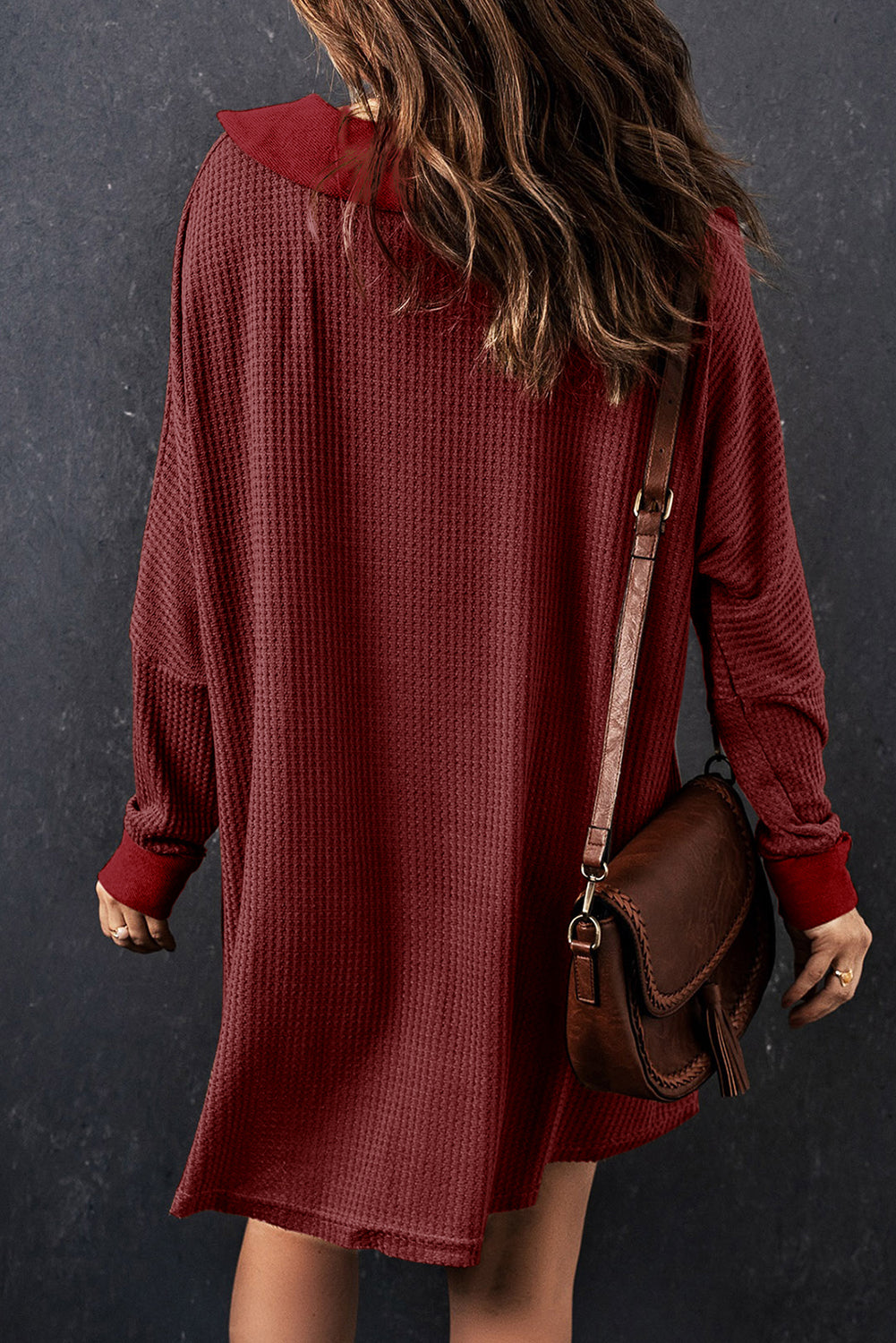 Brown Waffle Pocket Seam Patchwork Loose Knit Top