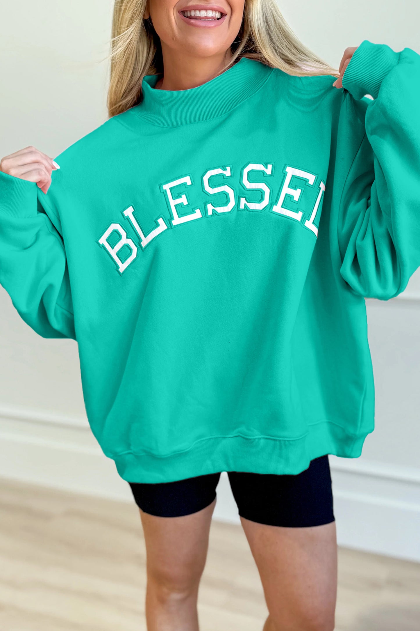 Oversize Blessed Embroidered Mock Neck Sweatshirt