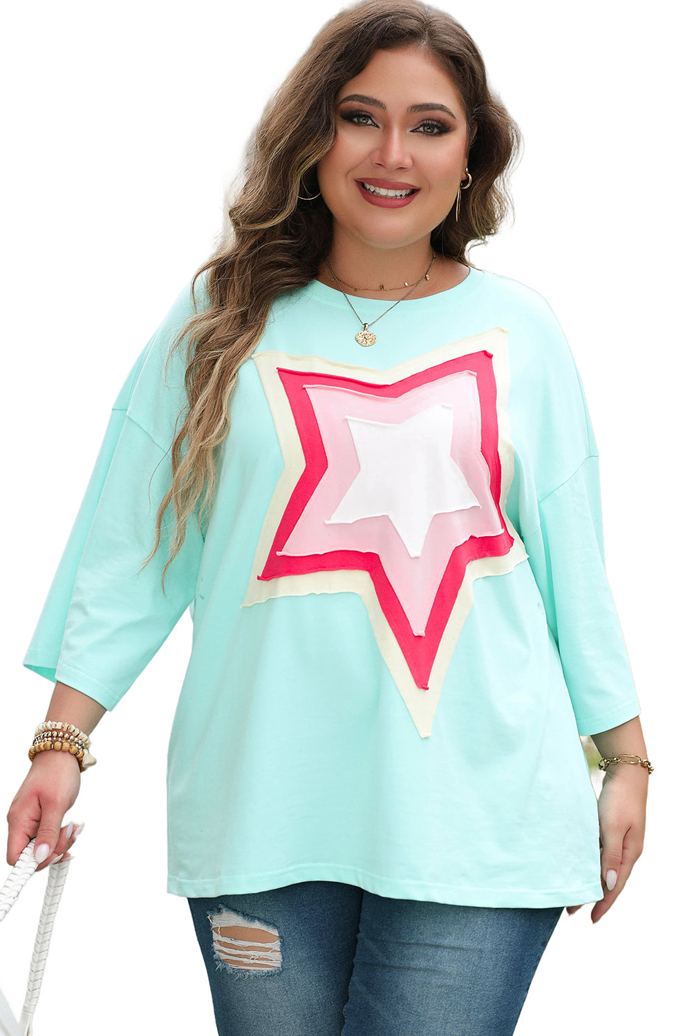 Moonlight Jade Colorblock Star Patch Plus Size Top