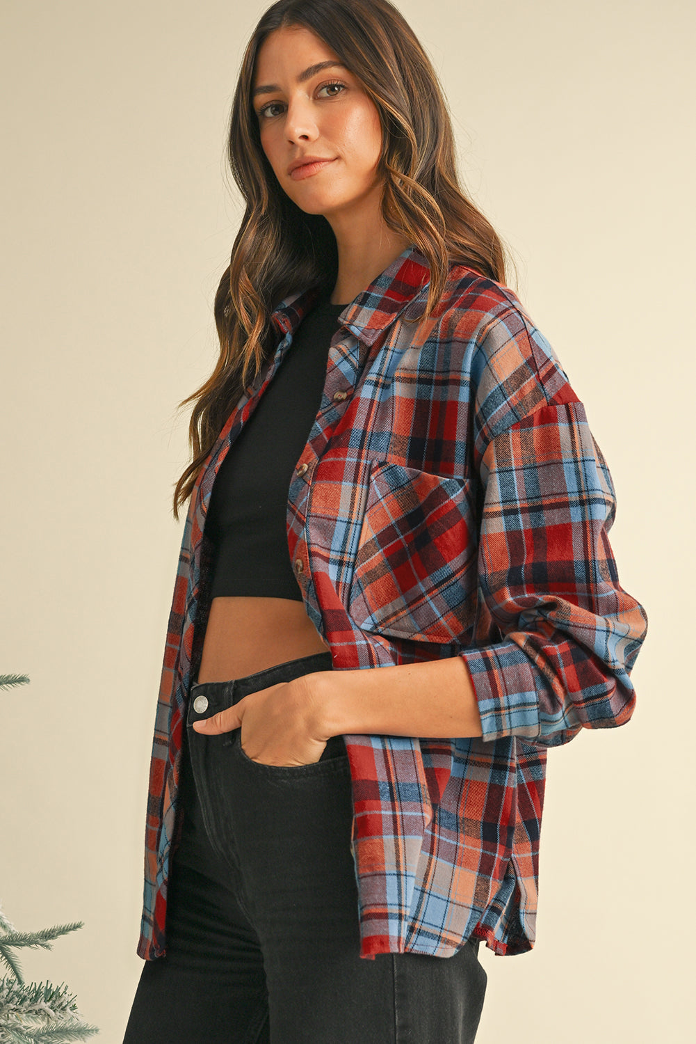 Red Plaid Print Drop Sleeve Loose Shirt