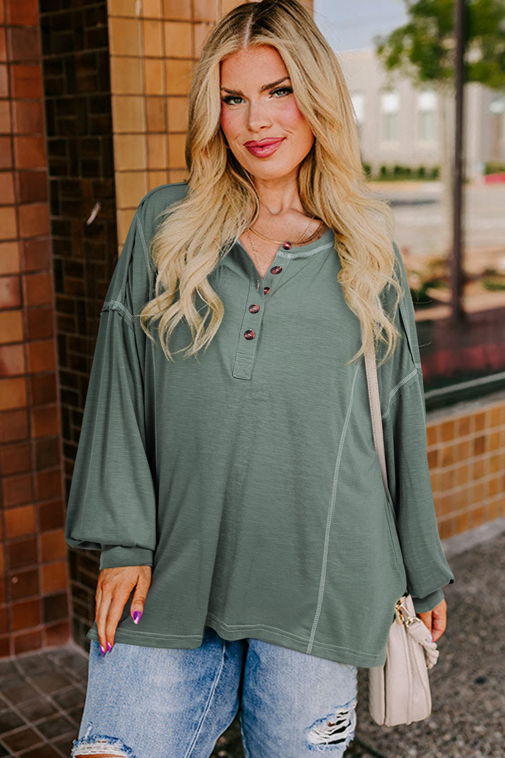 Seagrass Stitch Details Half Button Drop Sleeve Plus Size Top