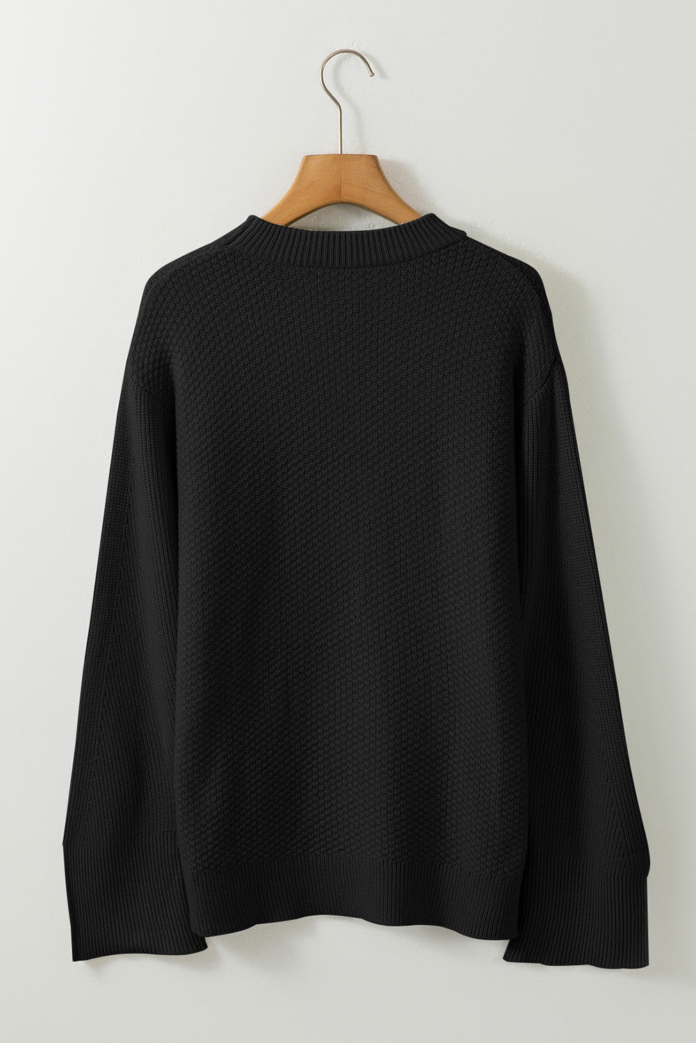 Parchment Solid Textured Knit Split Cuff Drop Shoulder Sweater