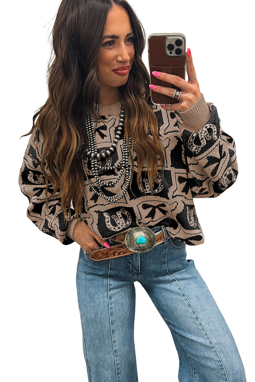 Brown Colorblock Bow Pattern Drop Sleeve Sweater