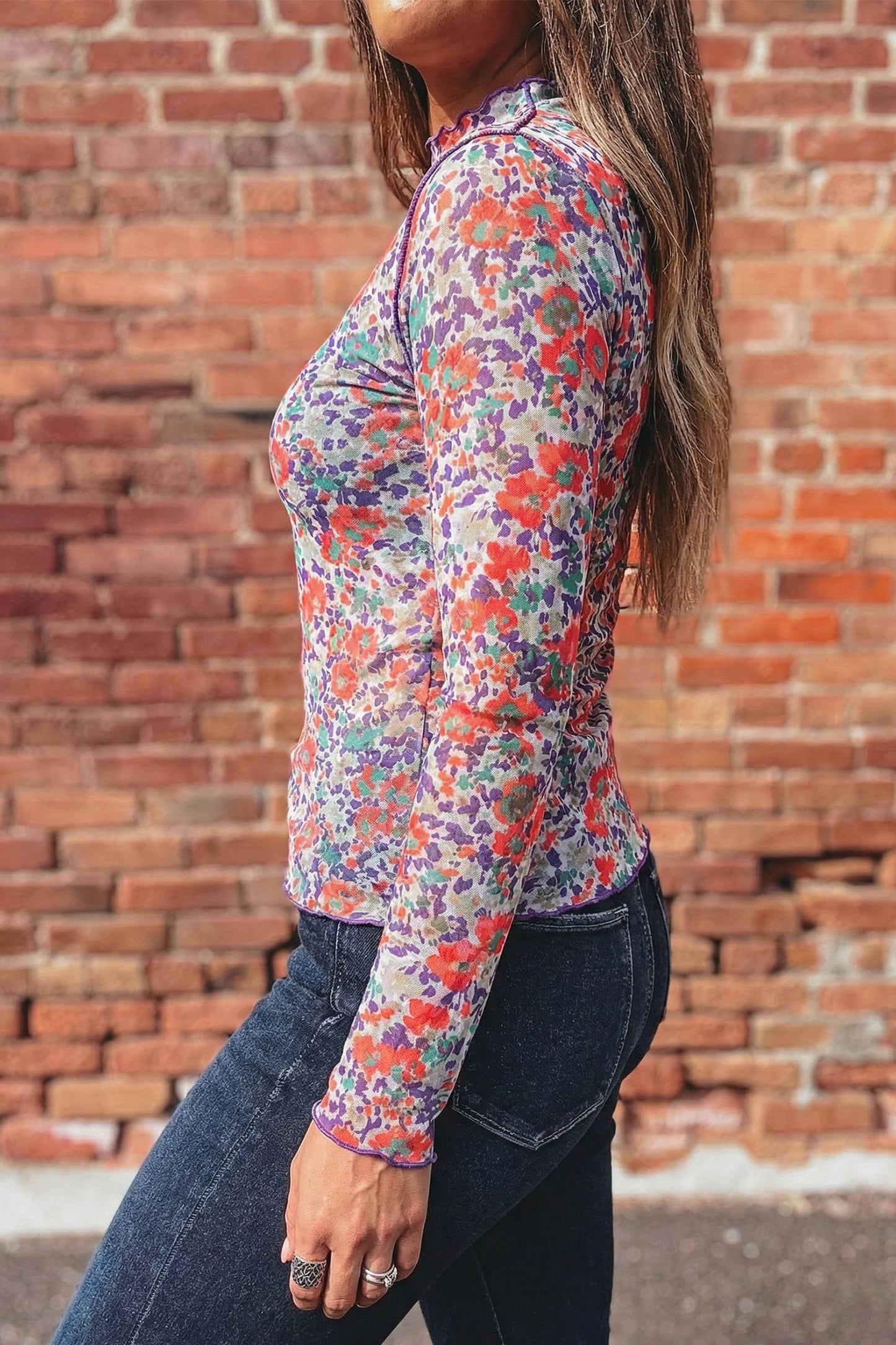 Blue Floral Print Slim Fit Mesh Long Sleeve Mock Neck Top