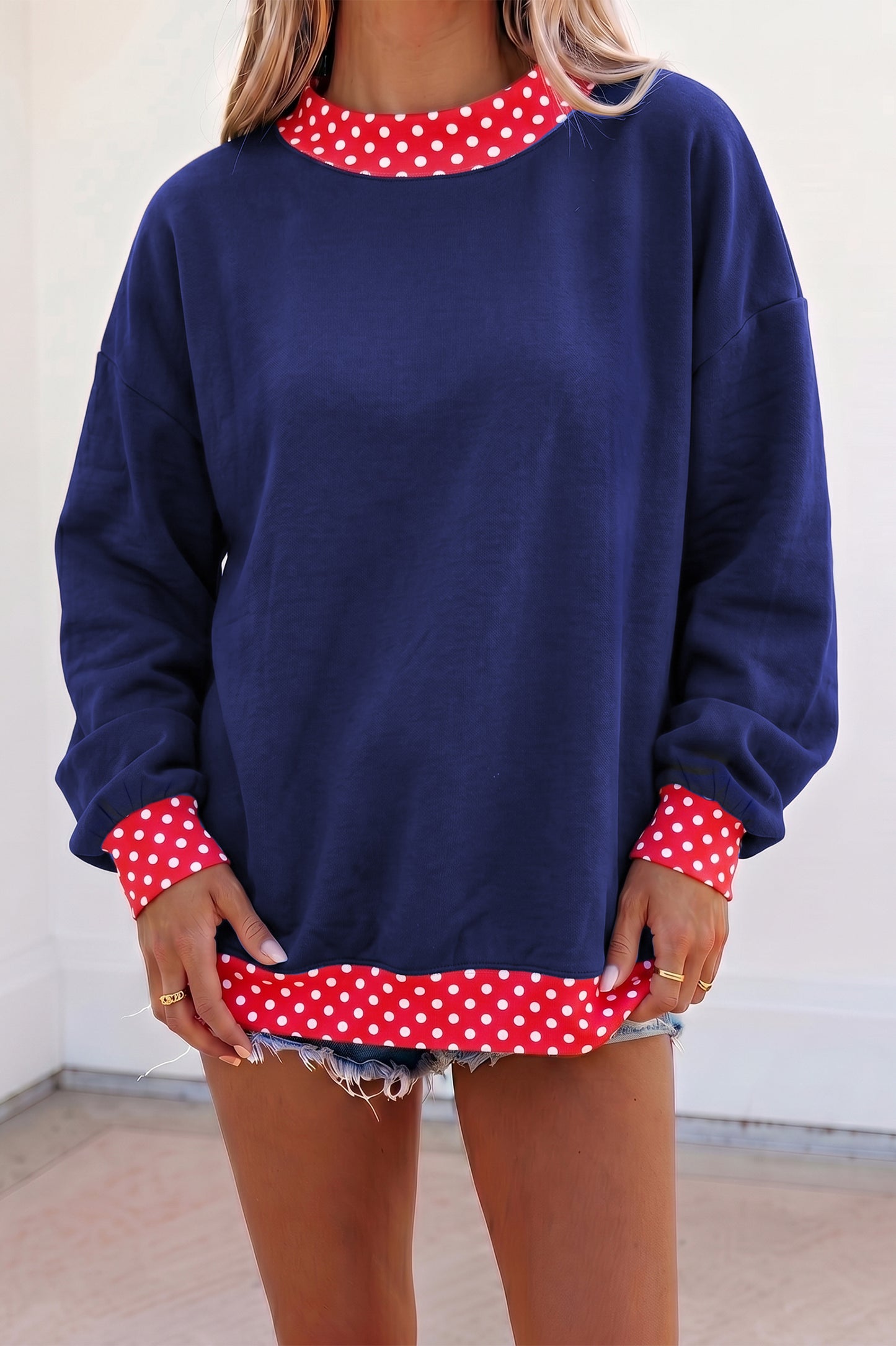 Dirty blue Colorblock Polka Dot Contrast Trim Oversized Sweatshirt