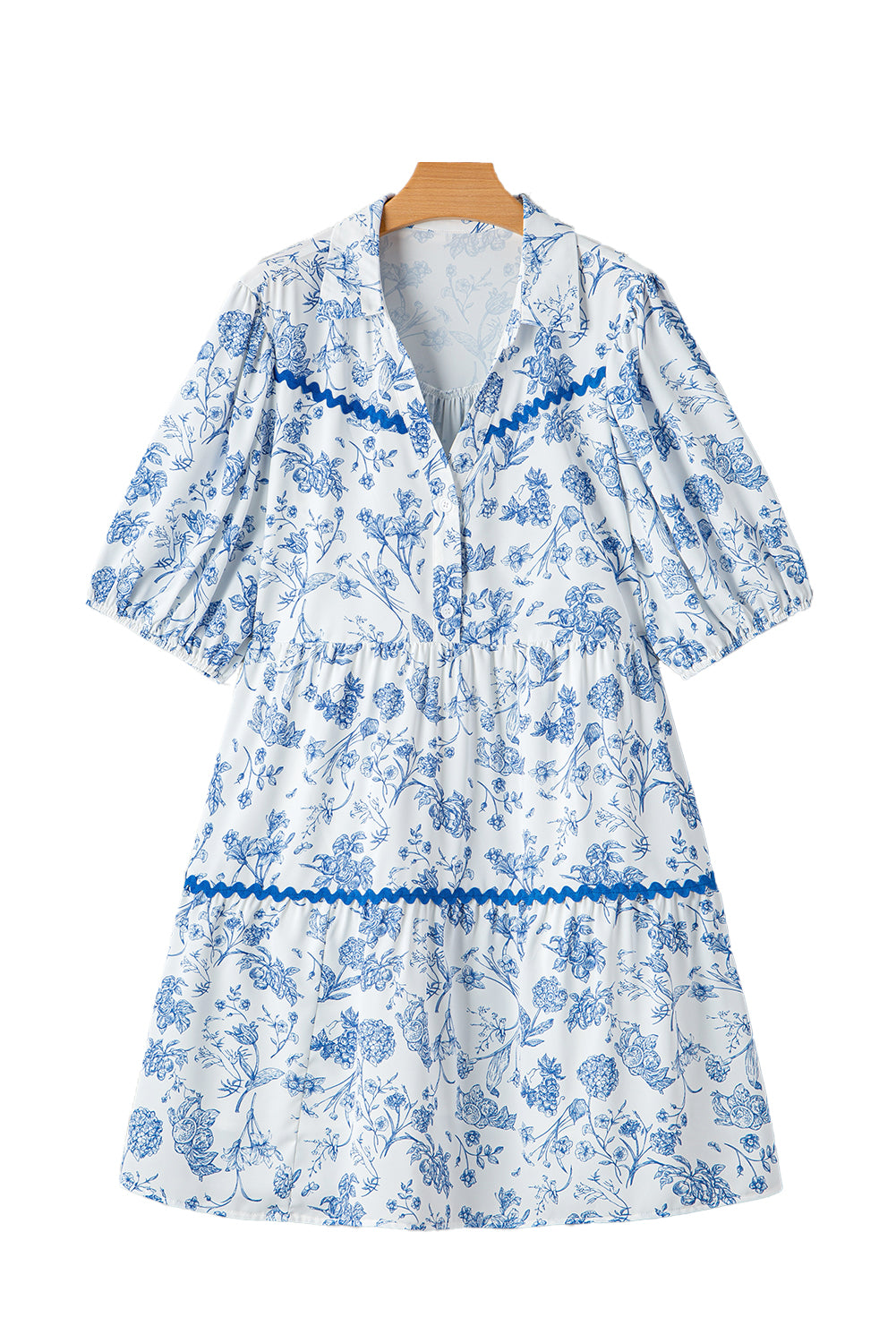 Sky Blue Floral Print Collared V Neck Ric-rac Trim Plus Size Mini Dress
