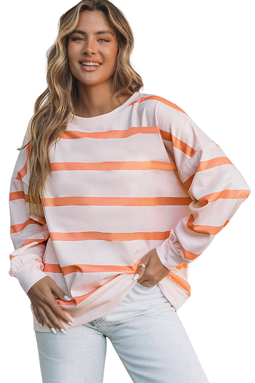 Orange Striped Print Drop Shoulder Pullover Sweatshirt