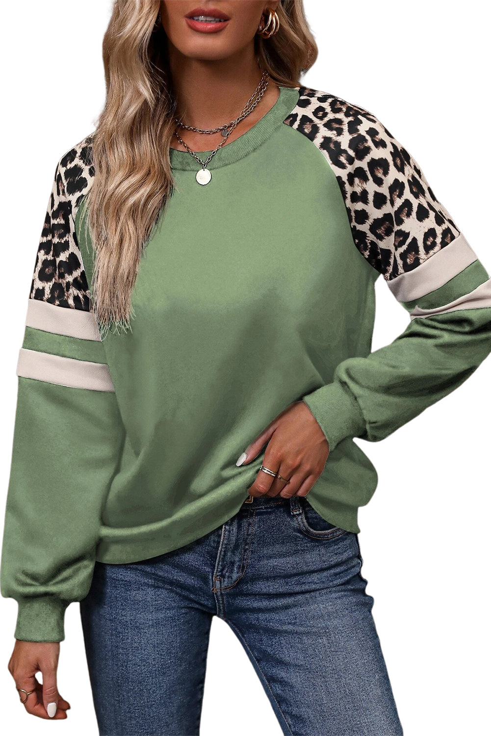 Black Leopard Print Patchwork Raglan Sleeve Sweatshirt