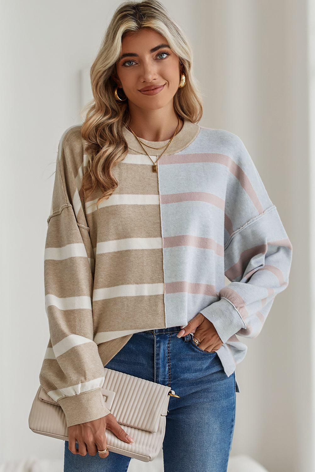 Khaki Stripe Exposed Seam Loose Sweatshirts