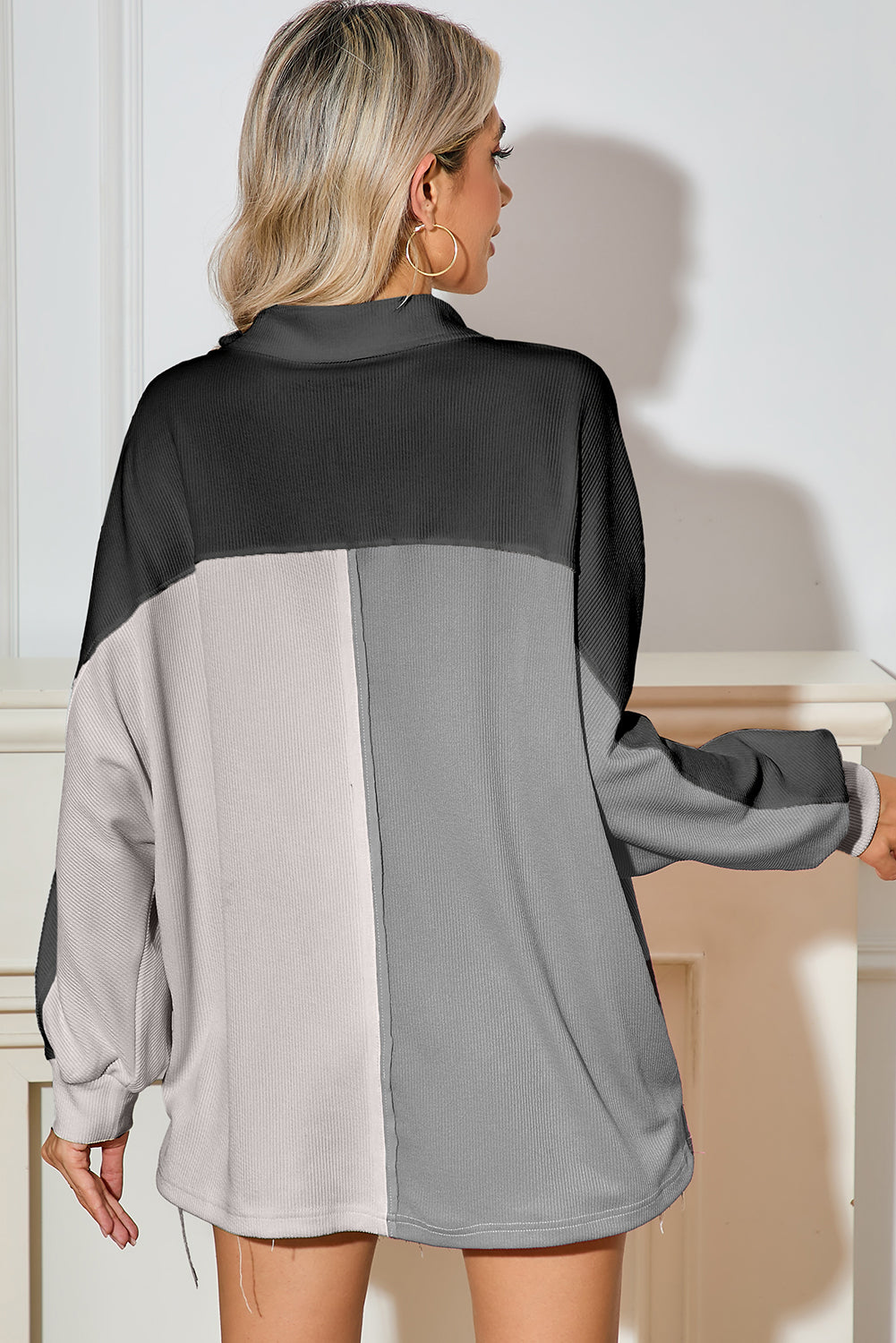 Rose Red Colorblock Patchwork Ribbed Oversized Henley Sweatshirt