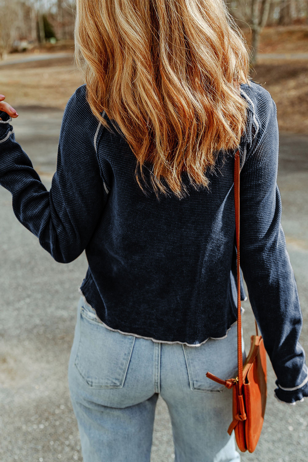 Blue Exposed Seam Textured Pullover Long Sleeve Top