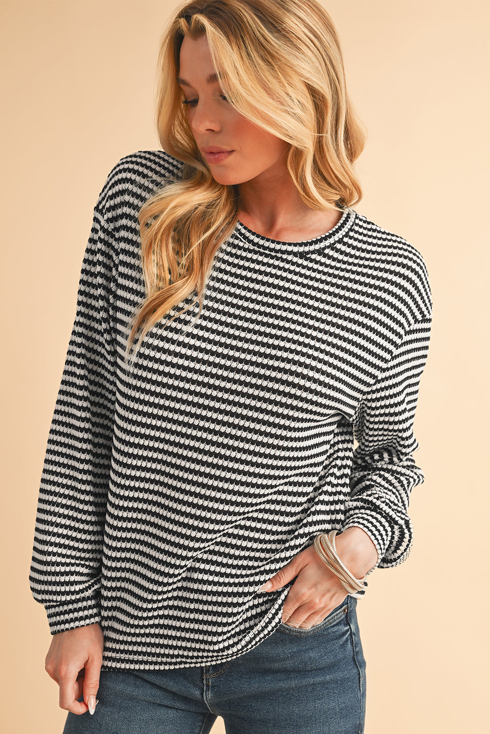 Rose Stripe Round Neck Drop Shoulder Long Sleeve Top