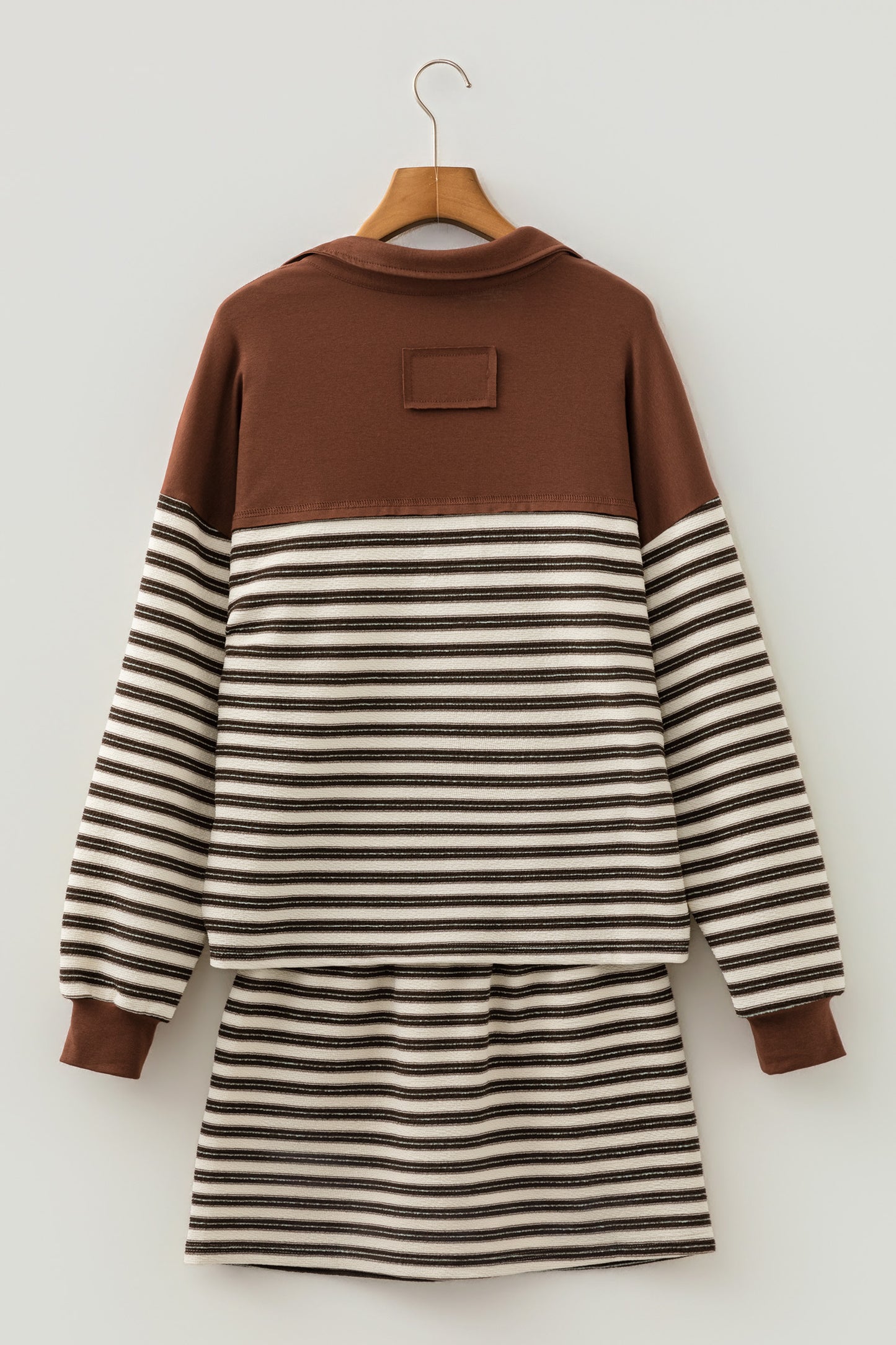 Brown Stripe Contrast Trim Button Neck Long Sleeve Top Drawstring Mini Skirt Set