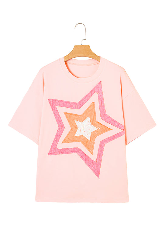 Light Pink Eyelet Colorblock Star Applique Plus Size T Shirt