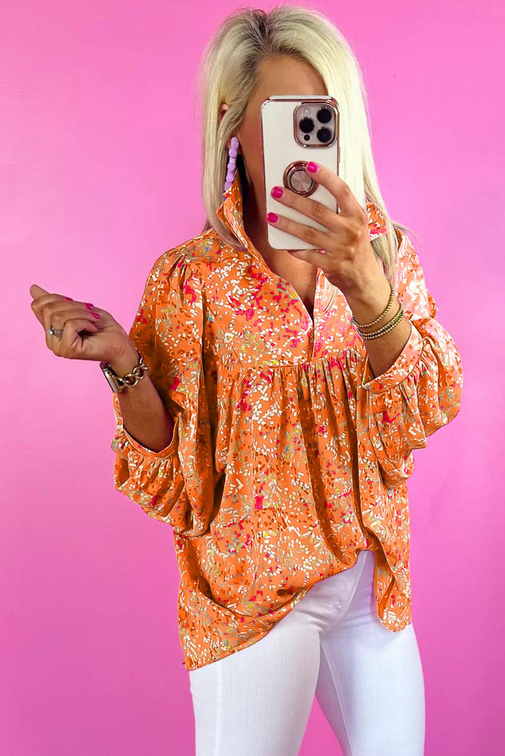 Pink Dotted Puff Sleeve V Neck Blouse