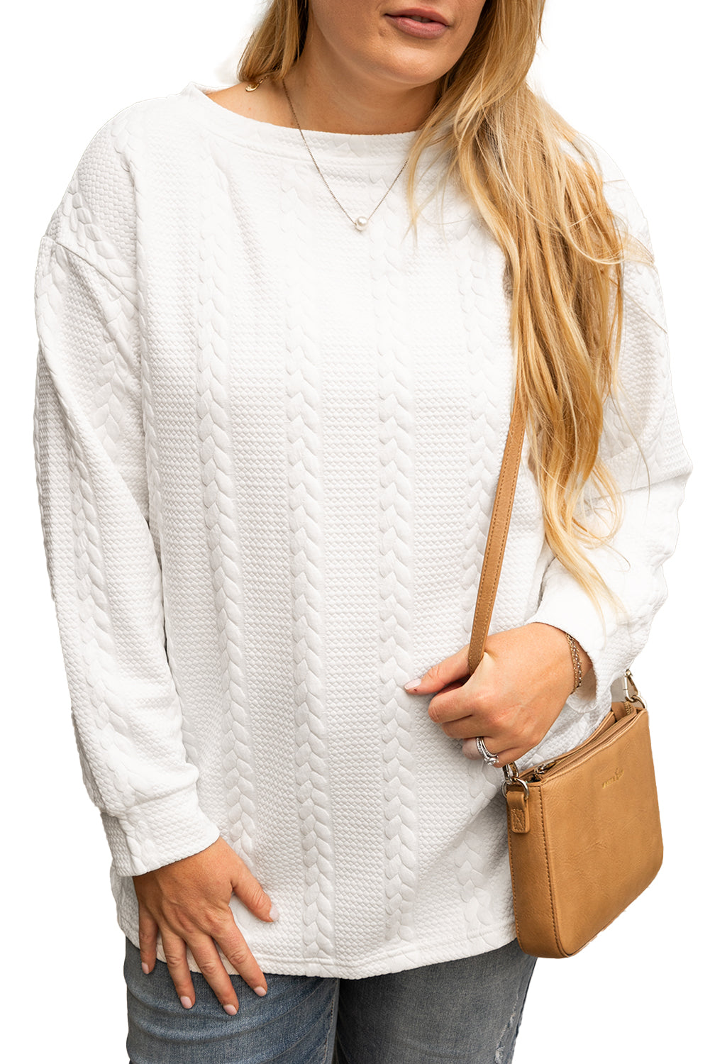 White Textured Loose Plus Size Long Sleeve Top