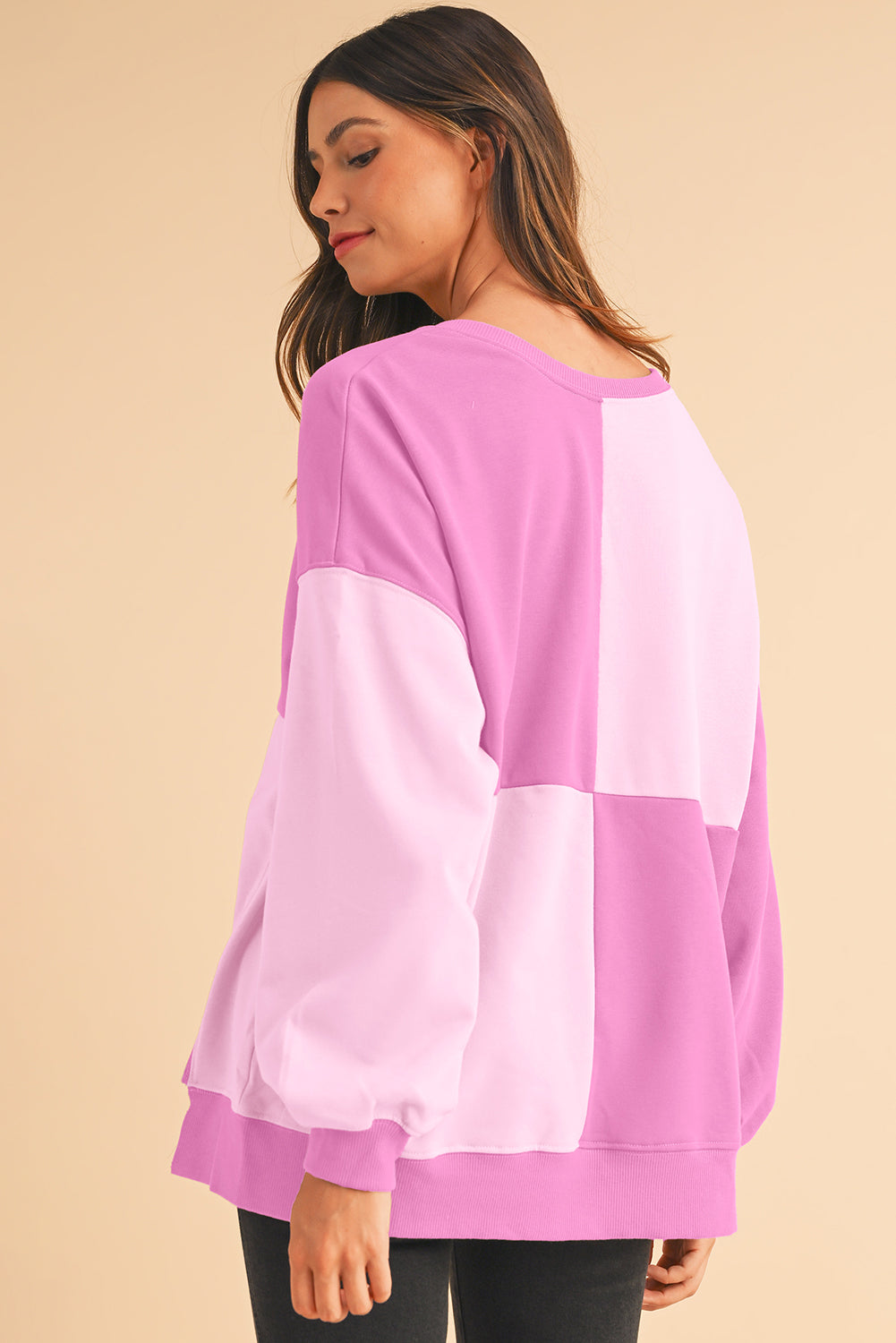 Pink Colorblock High Low Loose Henley Sweatshirt