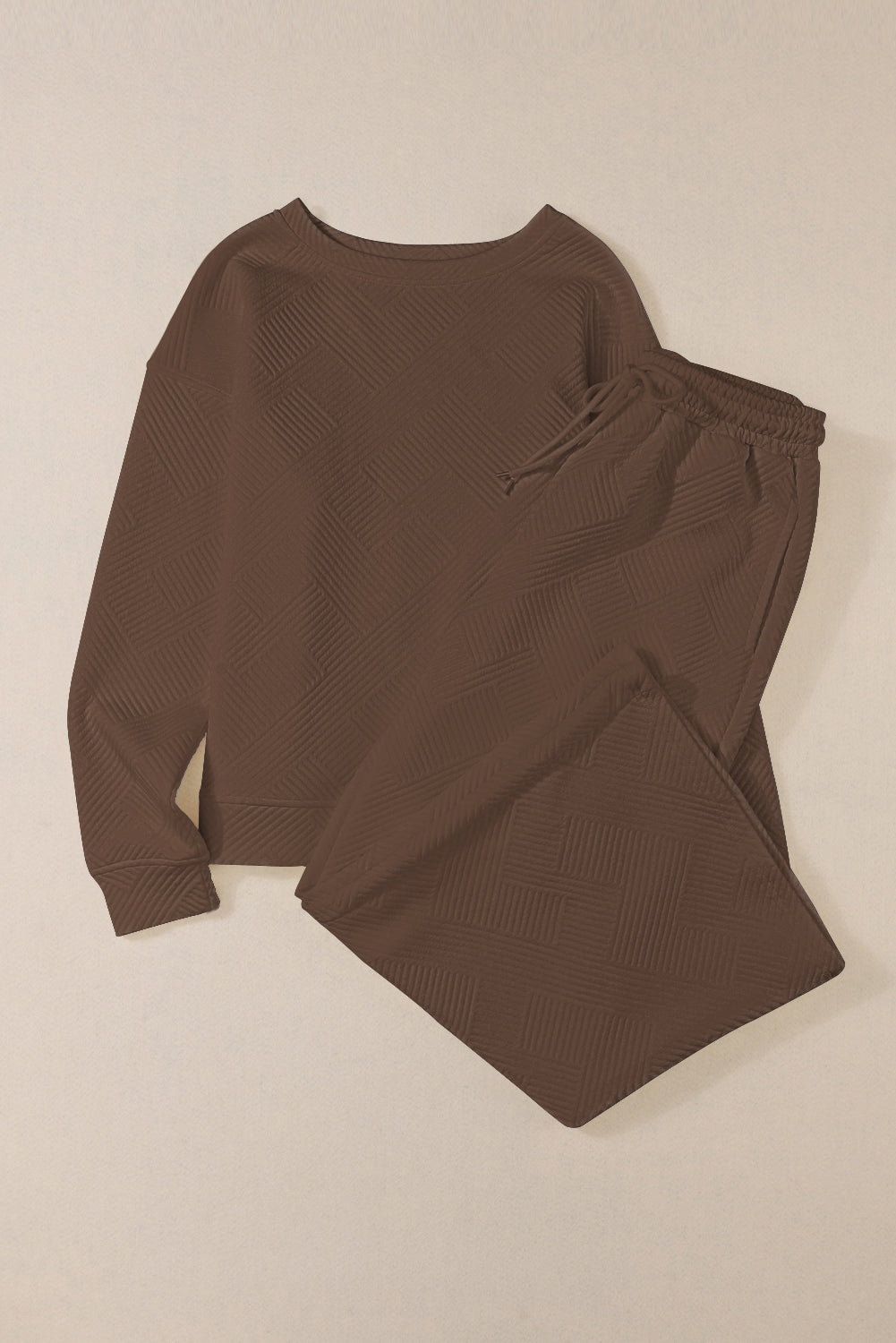 Dark Brown Textured Loose Slouchy Long Sleeve Top and Pants Set