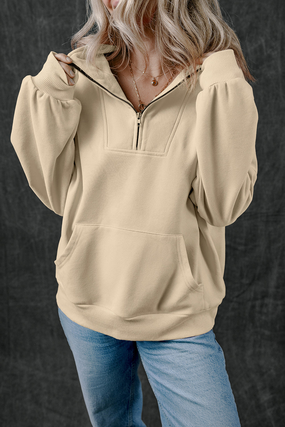 Bonbon Zip-up Stand Neck Kangaroo Pocket Sweatshirt