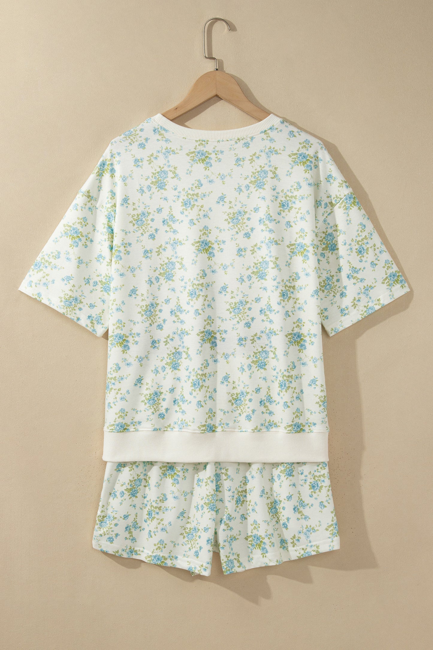 Sky Blue Floral Print Short Sleeve Elastic Waist Pocket Two Piece Set