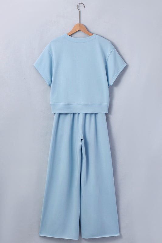 Mist Blue Solid Color Loose Tee Drawstring Wide Leg Pants 2pcs Outfit