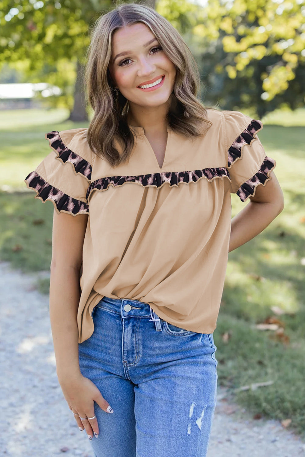 Smoke Gray Leopard Frill Detail V Neck Blouse