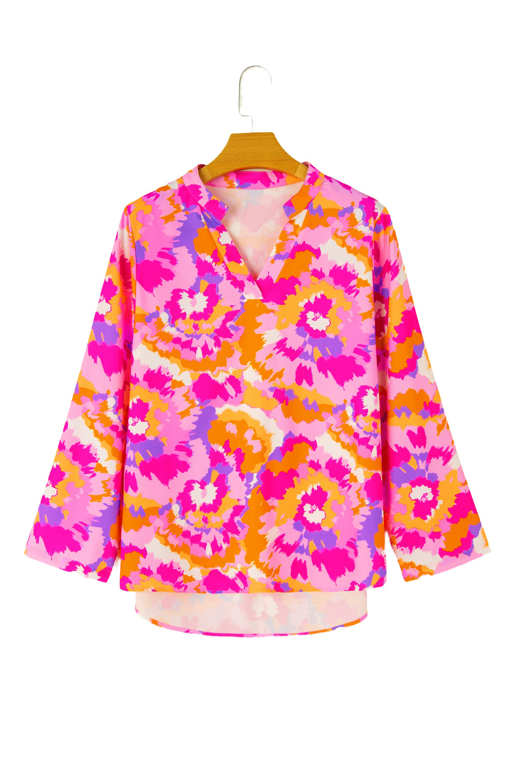 Pink Abstract Floral Print Tab Sleeve Notched Neck Blouse