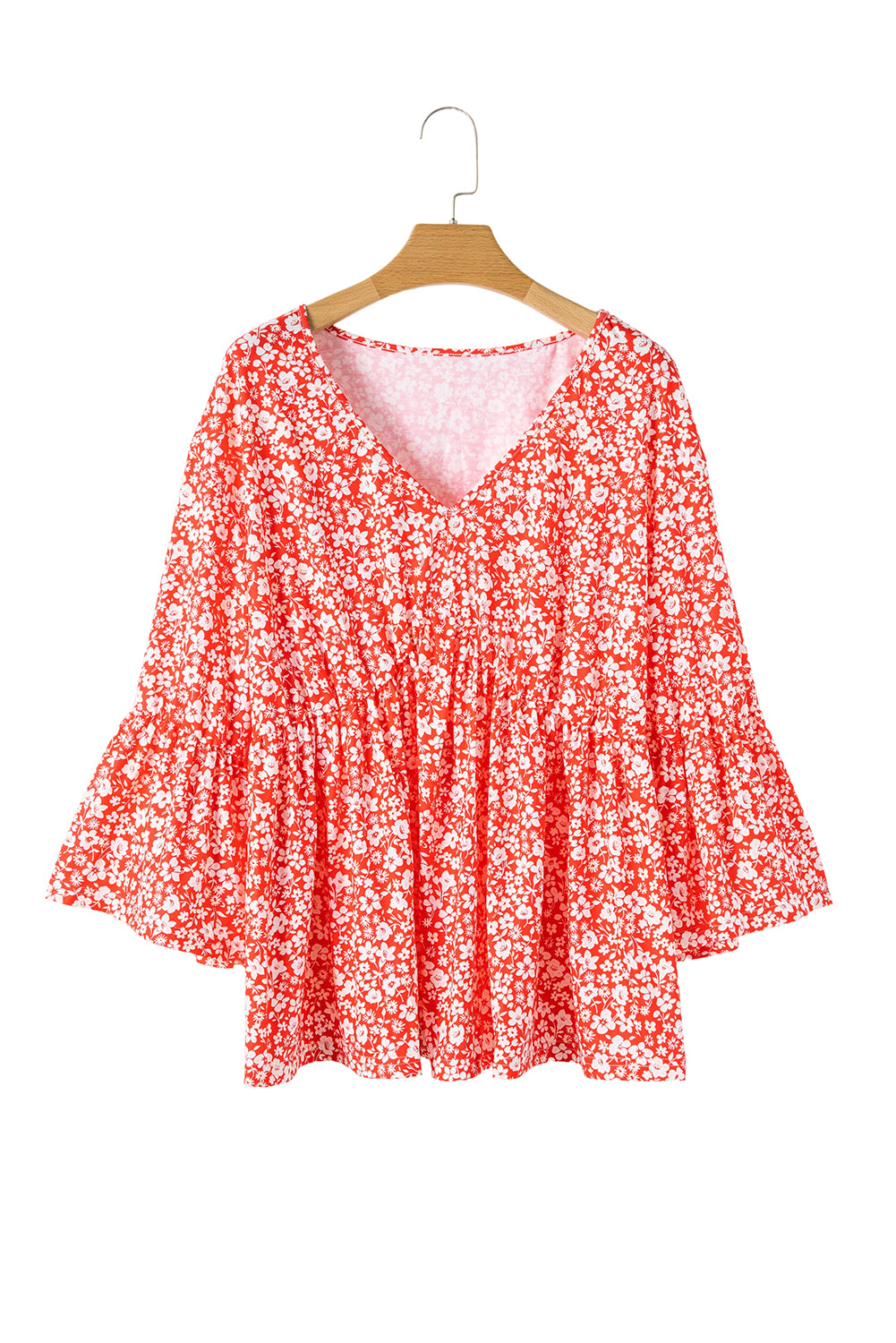 Red Plus Size Floral V Neck Flared Sleeve Blouse