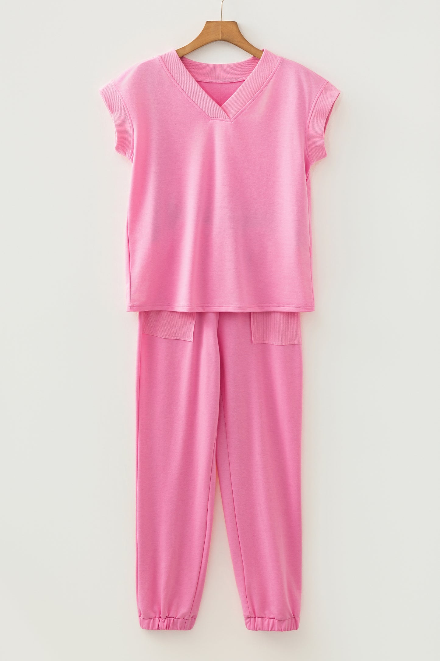 Mint Green Solid Color V Neck Tee Drawstring Pant Set