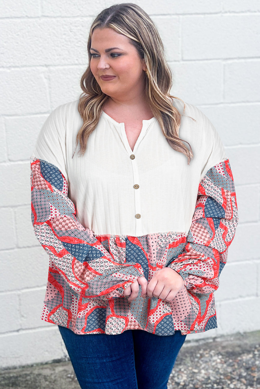 Apricot Plus Size Patchwork Textured Buttoned Blouse