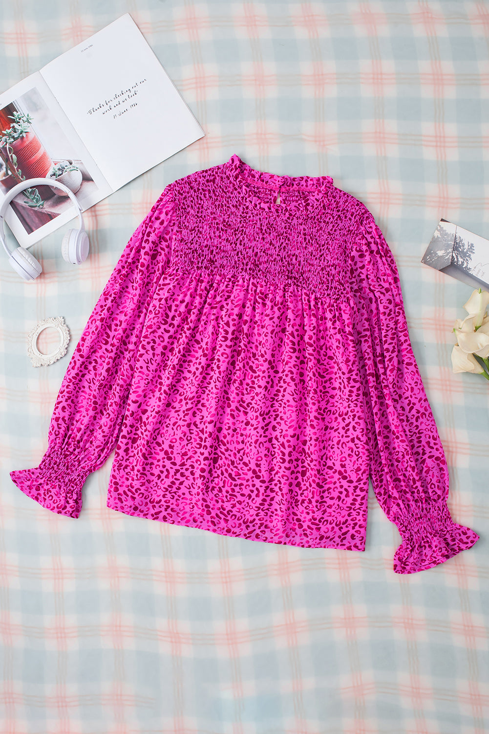 Rose Leopard Shirred Puff Sleeve Flowy Blouse