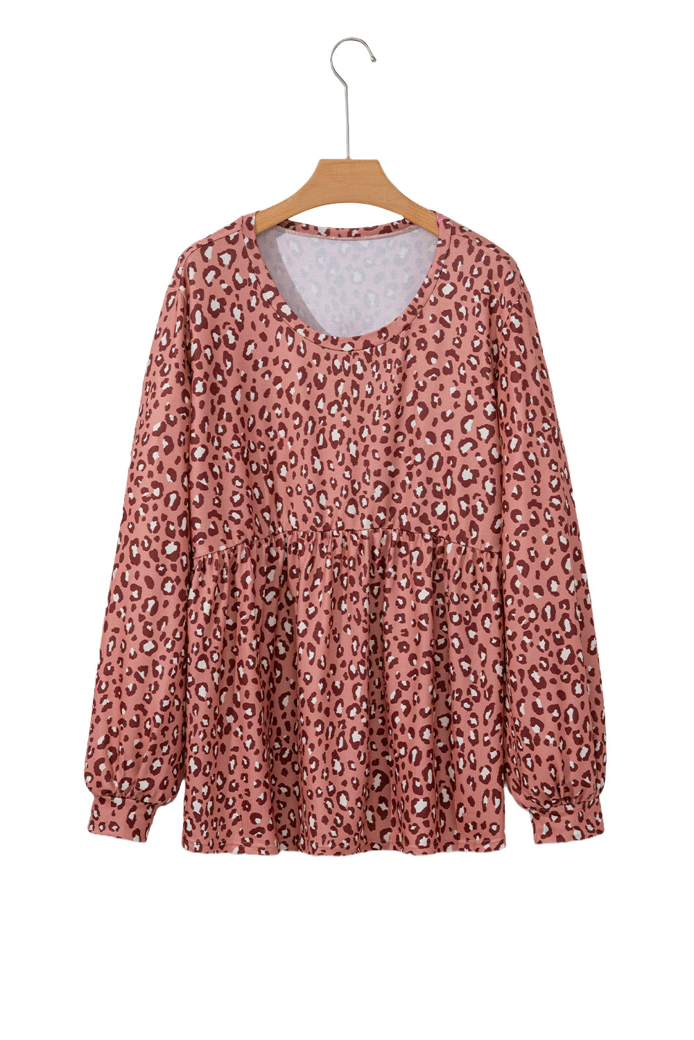 Leopard Print Long Sleeve Ruffled Babydoll Plus Size Blouse