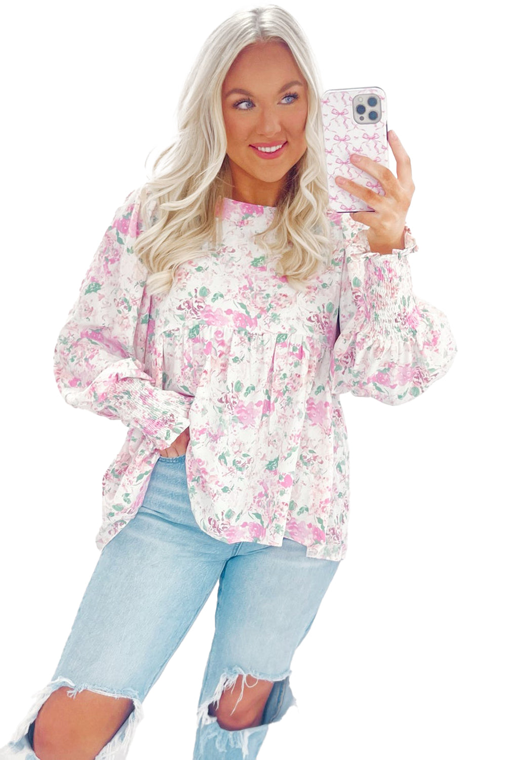 Pink Floral Print Shirred Cuffs Keyhole Back Babydoll Blouse