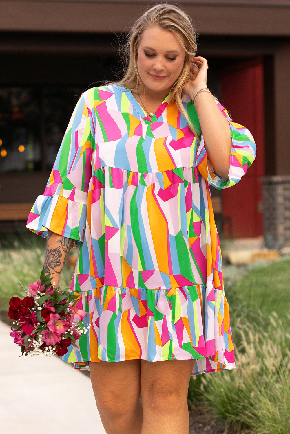 Multicolour Plus Size Vibrant Abstract Print Tiered Ruffle Mini Dress