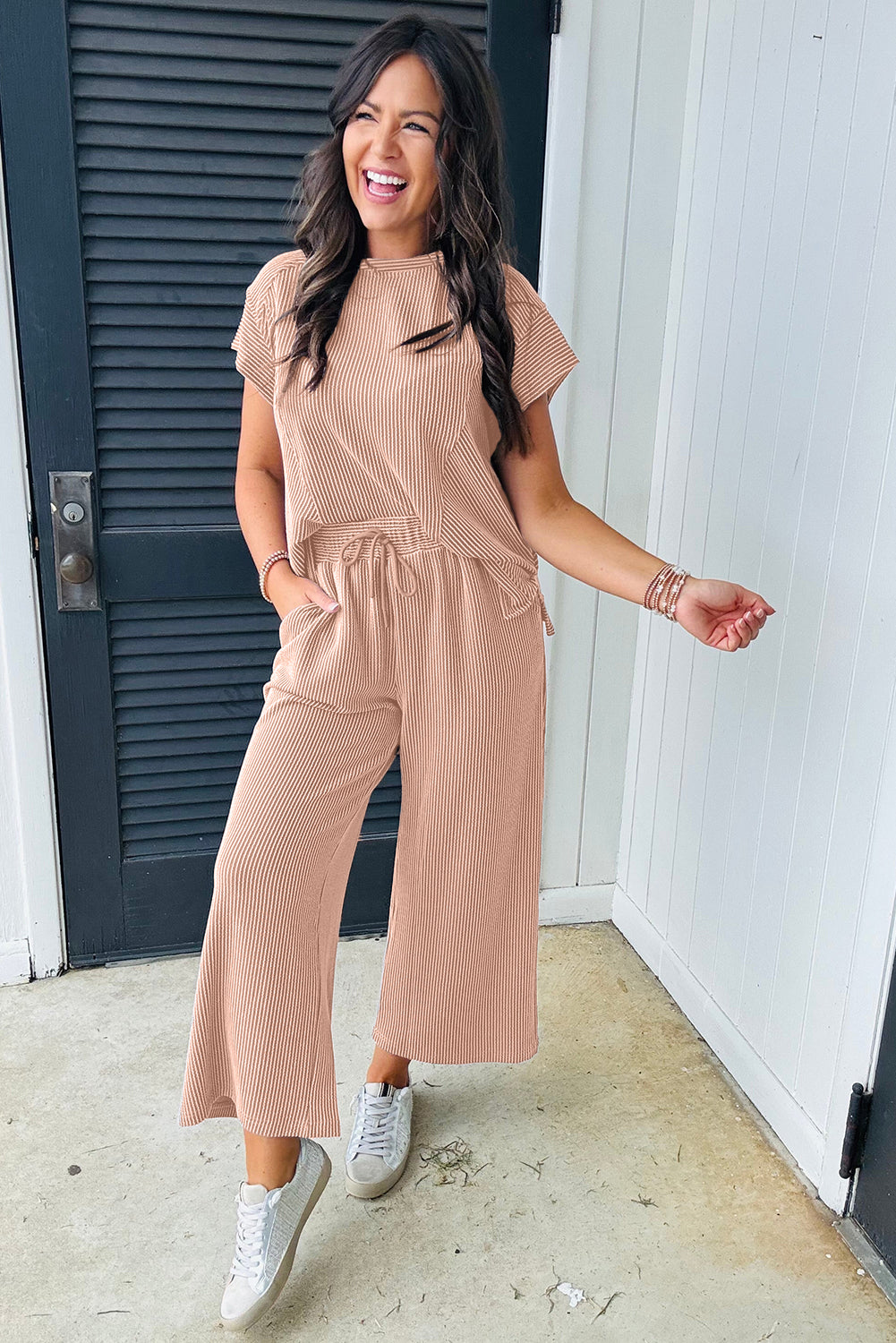 Bright Pink Solid Corded Short Sleeve T Shirt and Wide Leg Pants Set