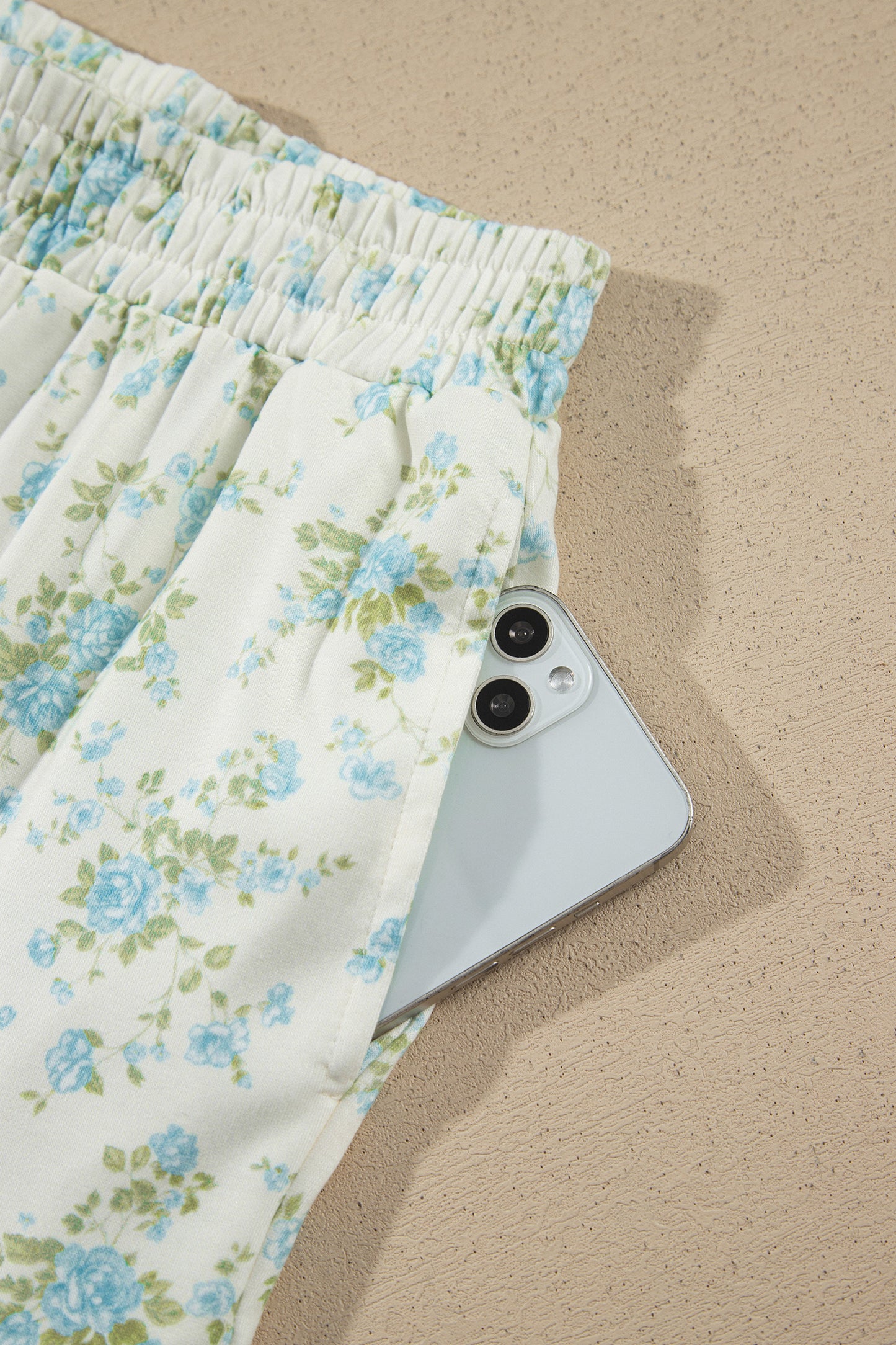 Sky Blue Floral Print Short Sleeve Elastic Waist Pocket Two Piece Set